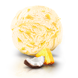 “LOVENTA” cream ice cream with pina colada flavor and pineapple pieces